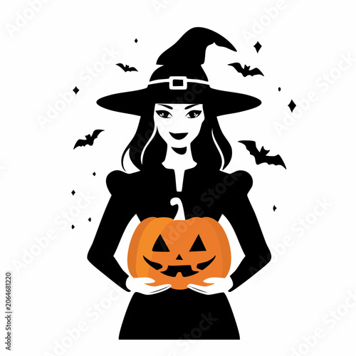 Halloween Witch Holding Jack-o'-lantern with Bats