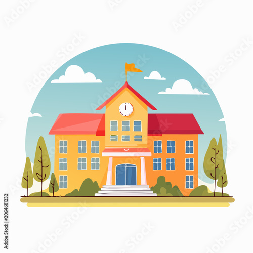 Illustration of a School Building with Clock Tower and Trees
