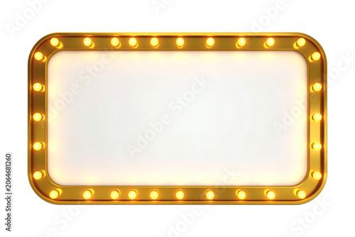 Elegant golden illuminated frame with bright light bulbs lining its perimeter, perfectly showcasing a blank white rectangular space ready for your custom text, logo, or a captivating message 