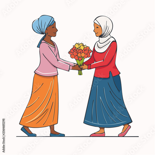 Two women exchanging flowers