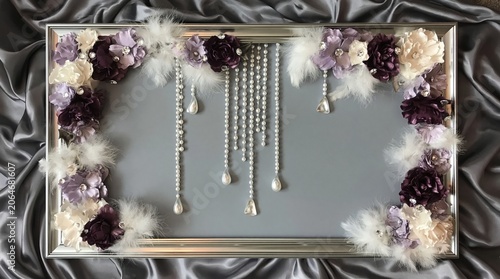 Silver rectangular frame decorated with purple flowers and hanging pearls. Elegant floral border on grey satin fabric background. Copy space for text