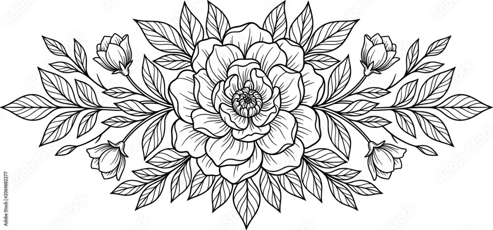 Fototapeta premium Black and White Floral Linework Vector Illustration Featuring Symmetrical Peony Bloom Buds and Engraved Botanical Leaves for Tattoo and Vintage Greeting Card Designs