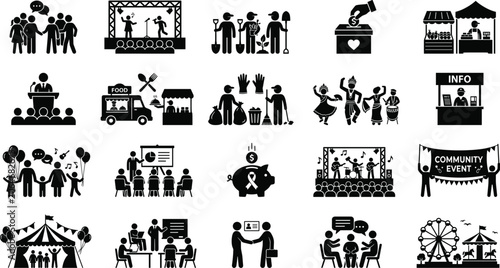 Photos Community event and public gathering icon collection featuring festivals volunteering fundraising education and social engagement activities
