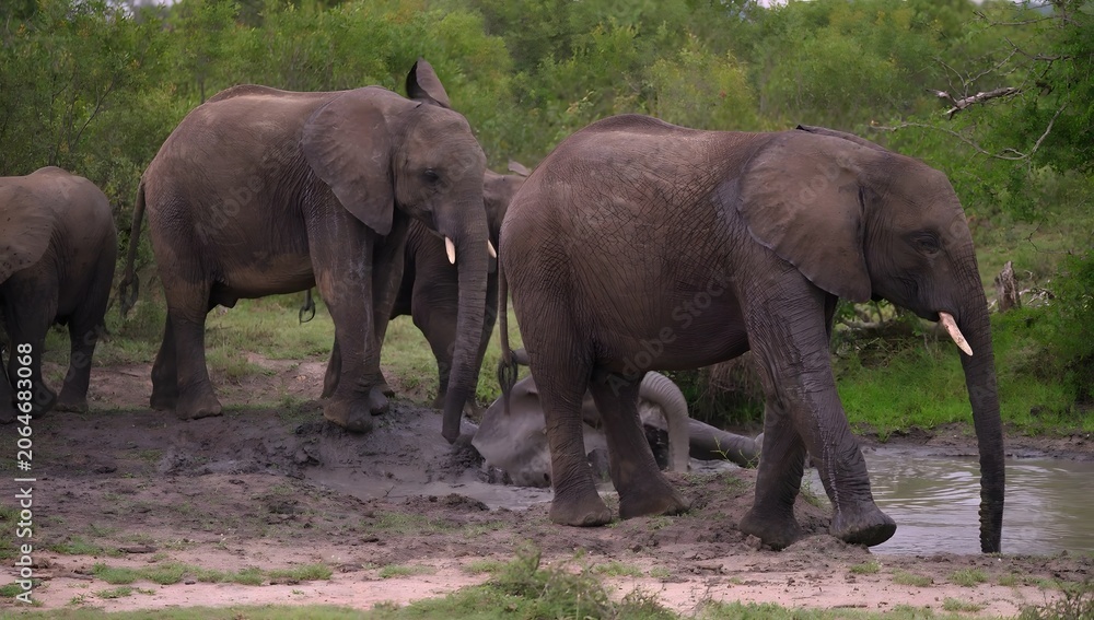 Fototapeta premium Herd of elephants at a muddy watering hole in a natural habitat keywords: elephants, herd