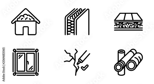Home Insulation and Repair Icons: Building Envelope, Window, Crack Sealant, Roofing