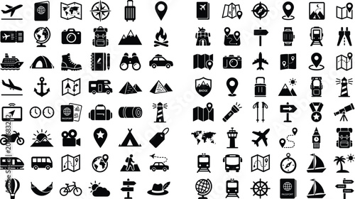 Obraz na płótnie Travel and tourism icon collection featuring transportation navigation adventure vacation planning landmarks and global exploration symbols