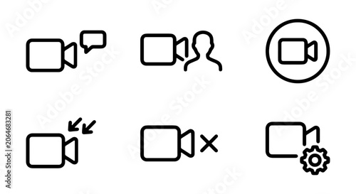 Video Call Icons: Camera, Chat, People, Settings, Mute, Full Screen, Vector Graphics