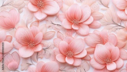 close up pattern of delicate pink florals on a white background with intricate details