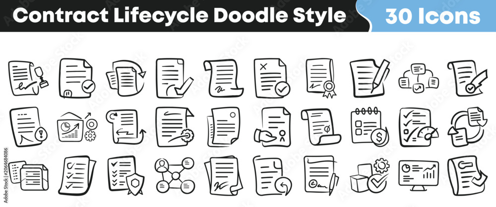 Fototapeta premium Hand drawn doodle style icons for contract lifecycle management process