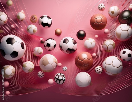 floating soccer and football balls of various sizes on pink background sports abstract concept soccer football