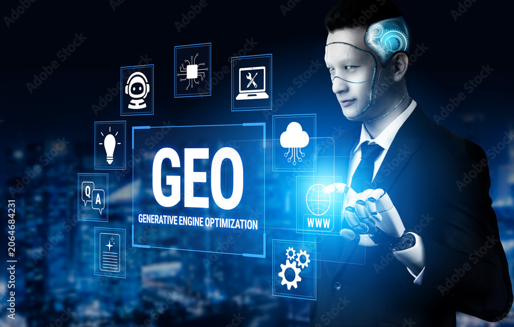 Obraz premium Businessman with robotic features engaged in generative engine optimization represented through futuristic digital interface with various icons and data connections Fluxor.