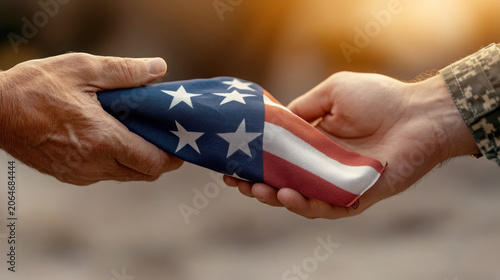Caucasian male patriotic gesture veterans day american flag exchange gratitude honor
