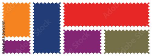 Foto Assorted colored postage stamps with perforated edges on white background