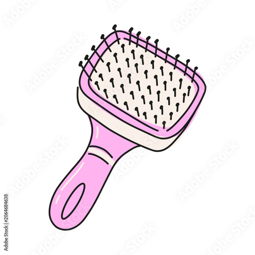 Pet slicker brush. Hand drawn paddle brush, pet grooming tool icon doodle style, cute pet slicker for detangling, simple sticker for pet care salon. Vector illustration on white background