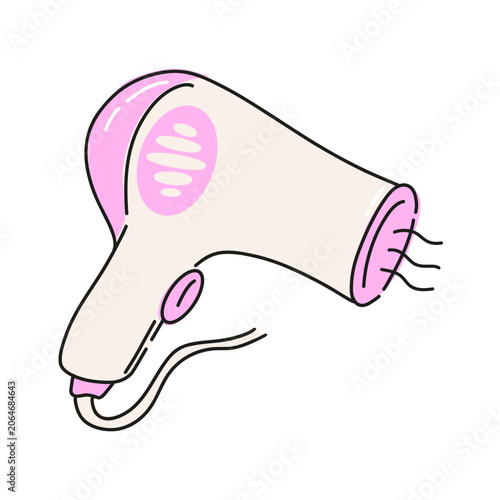 Pet hair dryer. Abstract hair dryer for pet grooming salon in cute doodle style, hand drawn icon perfect for pet care designs or branding. Vector illustration isolated on white