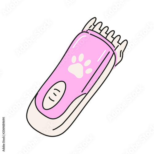 Pet hair trimmer doodle style. Hand drawn electric clipper or trimmer with paw print, simple grooming icon perfect for pet care designs or branding. Vector illustration on white background