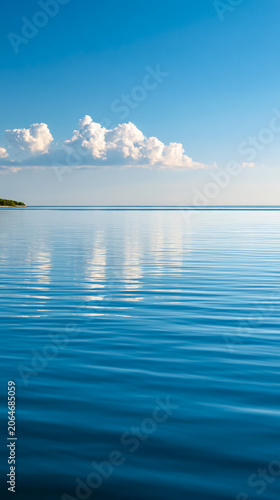 Serene blue lake with calm ripples and fluffy clouds in clear sky