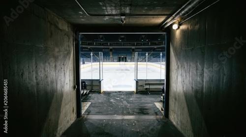 View of empty ice hockey rink from dark tunnel.