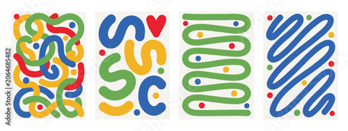 Four abstract panels with colorful organic shapes and dots