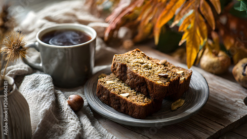 Delicious sliced homemade banana bread served on a plate next to a warm steaming coffee mug during a cozy autumn morning snack break time.