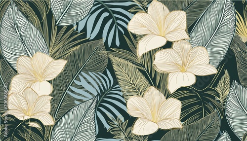 floral seamless pattern with tropical leaves and flowers nature lush background flourish garden texture with line art leaves