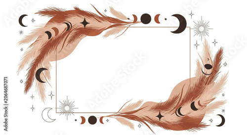 Mystical pampas grass frame with moon phases and celestial symbols