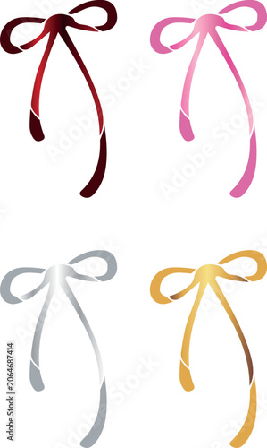 set of thin ribbons that fold into bows where the tails fall evenly to the bottom with color gradients, for holiday posters, cards, social networks and promotional materials