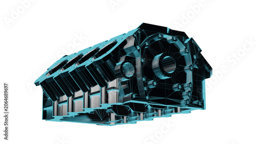 Принти на полотні Close up detailed fully textured 3D render over white background of technically advanced car engine block assembled with steel cylinders casings, pistons, crankshaft and other engineering parts