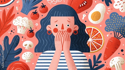 Textured illustration of a shocked woman surrounded by healthy vegetables and fruits. Concept of nutrition, diet choices, and food anxiety