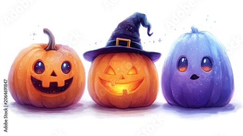 Halloween pumpkins and ghost wearing witch hat.