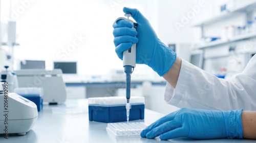 Scientist hands in blue gloves using micropipette to dispense liquid into multi well plate in lab