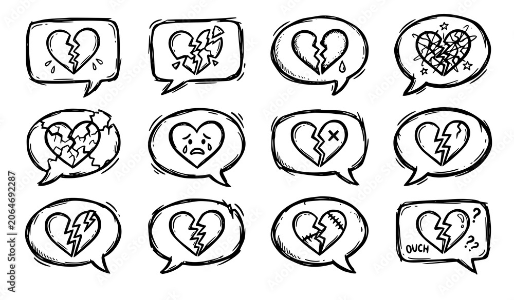 Fototapeta premium Freehand Cartoon Speech Bubble Broken Heart Collection with Emotional Doodle Sketch Vector Set