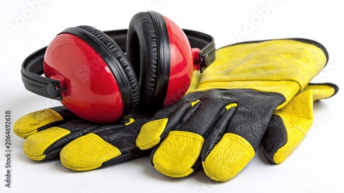 Red industrial earmuffs on yellow and black leather work gloves. Personal protective equipment on white background. Safety gear for construction and manual labor