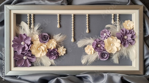 Framed paper flower art with pearls and feathers on grey satin. Handmade purple and cream floral craft in silver frame. Elegant romantic decoration concept