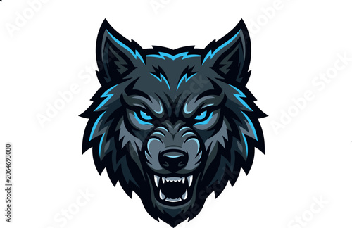 Slika na platnu Angry wolf head mascot logo vector illustration with glowing blue eyes fierce ag