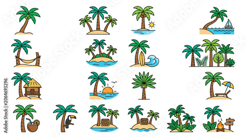 Canvas Print A collection of 16 flat design icons featuring various palm tree scenes and tropical elements on a white background