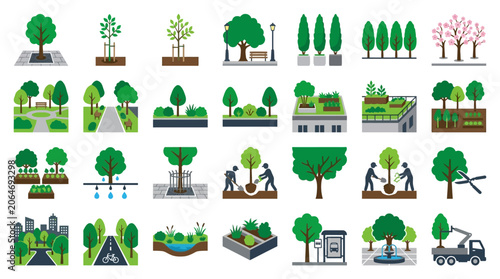 Schilderij op canvas Flat lay illustration of various green trees and urban landscapes with buildings and infrastructure on a white background