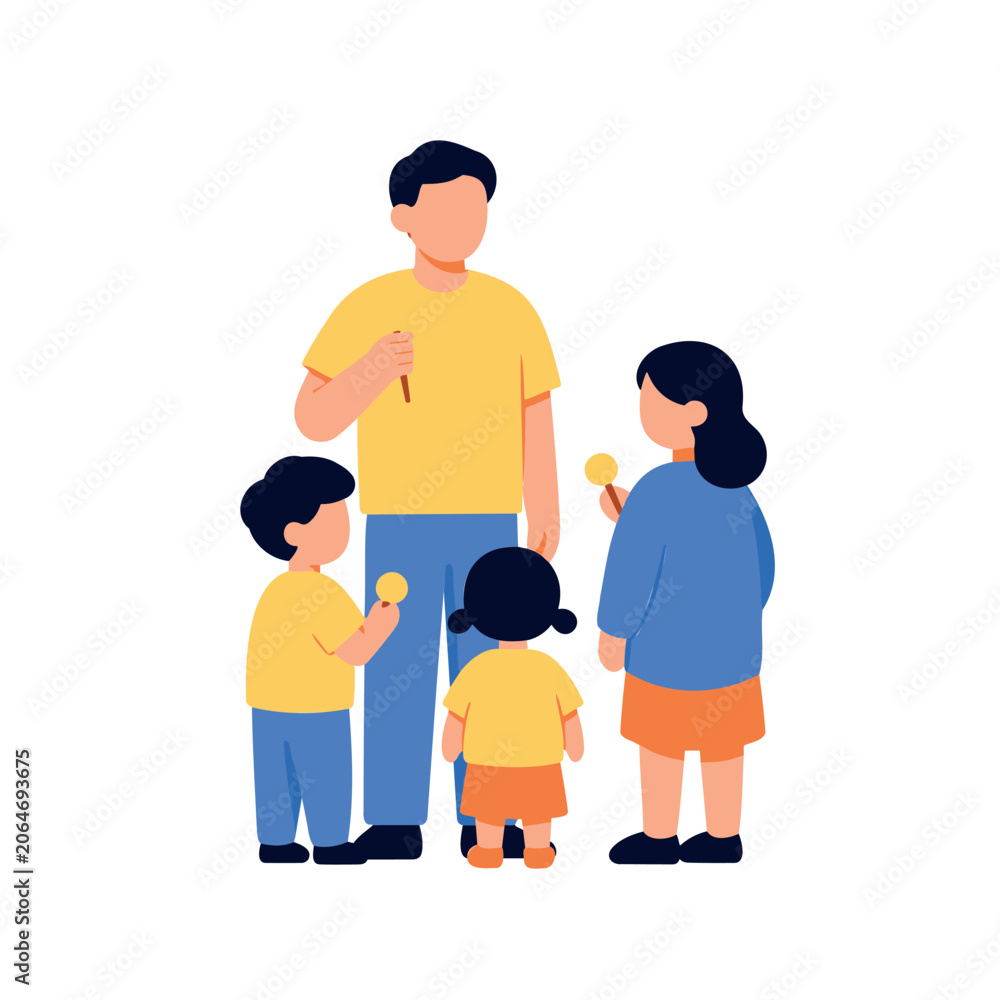 Fototapeta premium Dad and three children enjoying sweet treats together, viewed from the back
