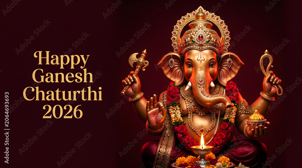 Fototapeta premium Copper toned Ganesha idol with red flower garland and diya on dark maroon background