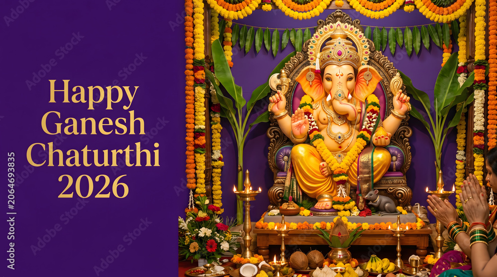 Fototapeta premium Ganesha idol with marigold garland and banana tree decorated for festive puja ceremony