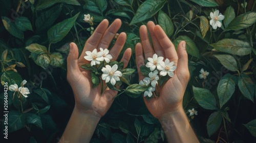 Hands gently holding white flowers amidst greenery, symbolizing nature's beauty and care.