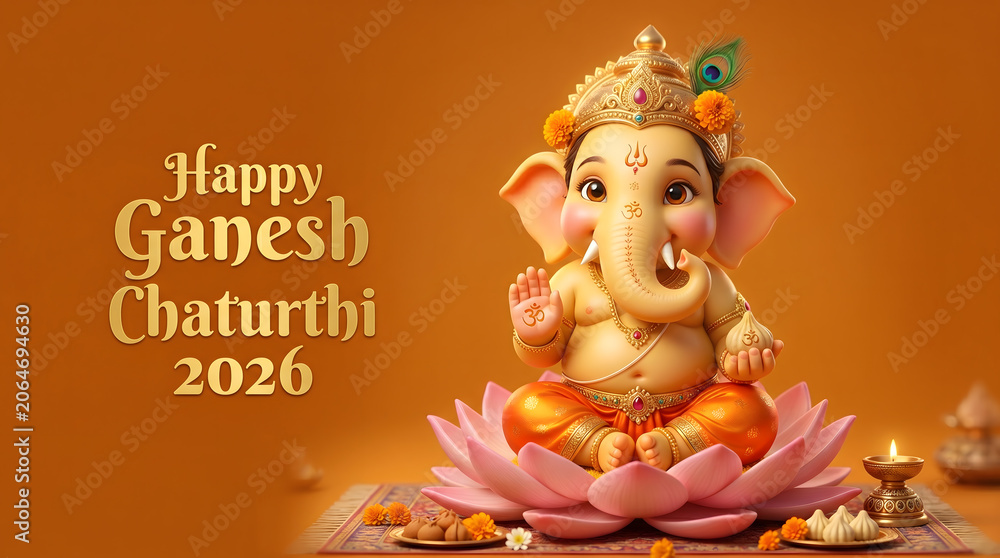 Naklejka premium Cute 3d Ganesha seated on pink lotus with peacock feather crown and diya on orange background
