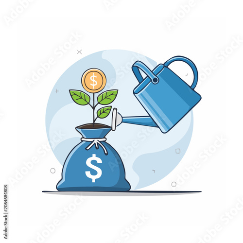 Money plant growing from money bag with watering can