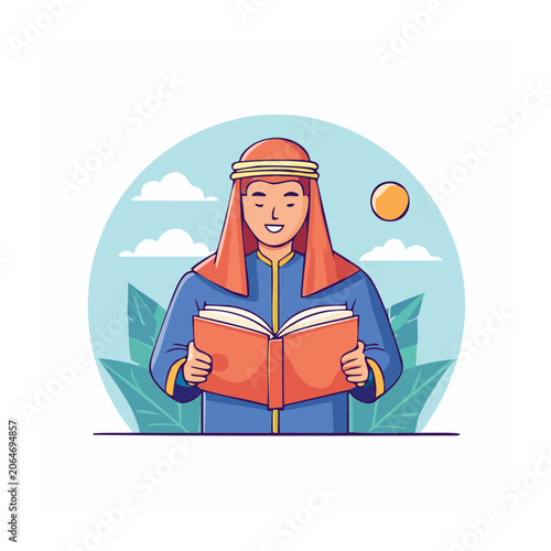 Person in headscarf reading a book outdoors