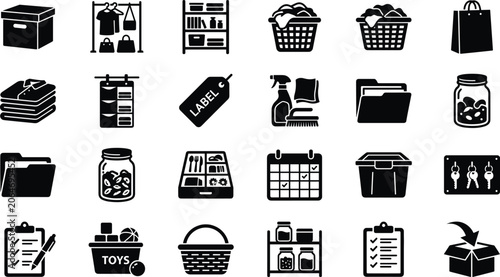 Bilde på lerret Home organization and decluttering solid glyph icon set for storage solution house cleaning room tidy housekeeping and pantry management vector illustration