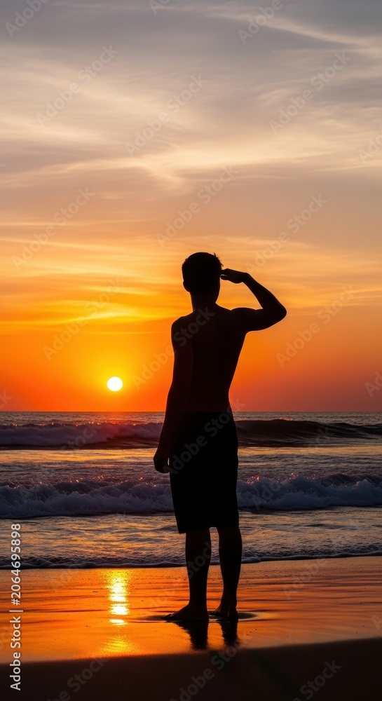 Fototapeta premium Man silhouetted against a vibrant sunset on a tropical beach.