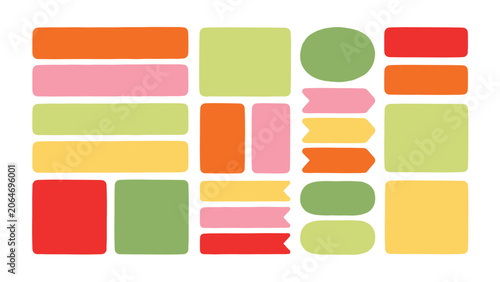 Assorted colorful rounded rectangles squares circles and banners on white background