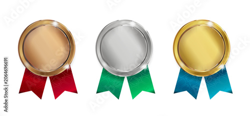 Foto Realistic gold, silver, and bronze medal set for international sports tournaments and award ceremonies
