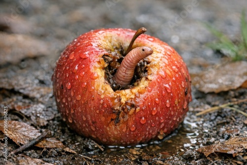A close-up shot of a worm consuming an apple on the ground, emphasizing its natural behavior
