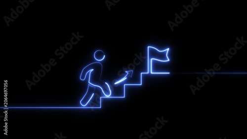 Blue Neon Figure Ascends Stairs Towards Goal Flag abstract